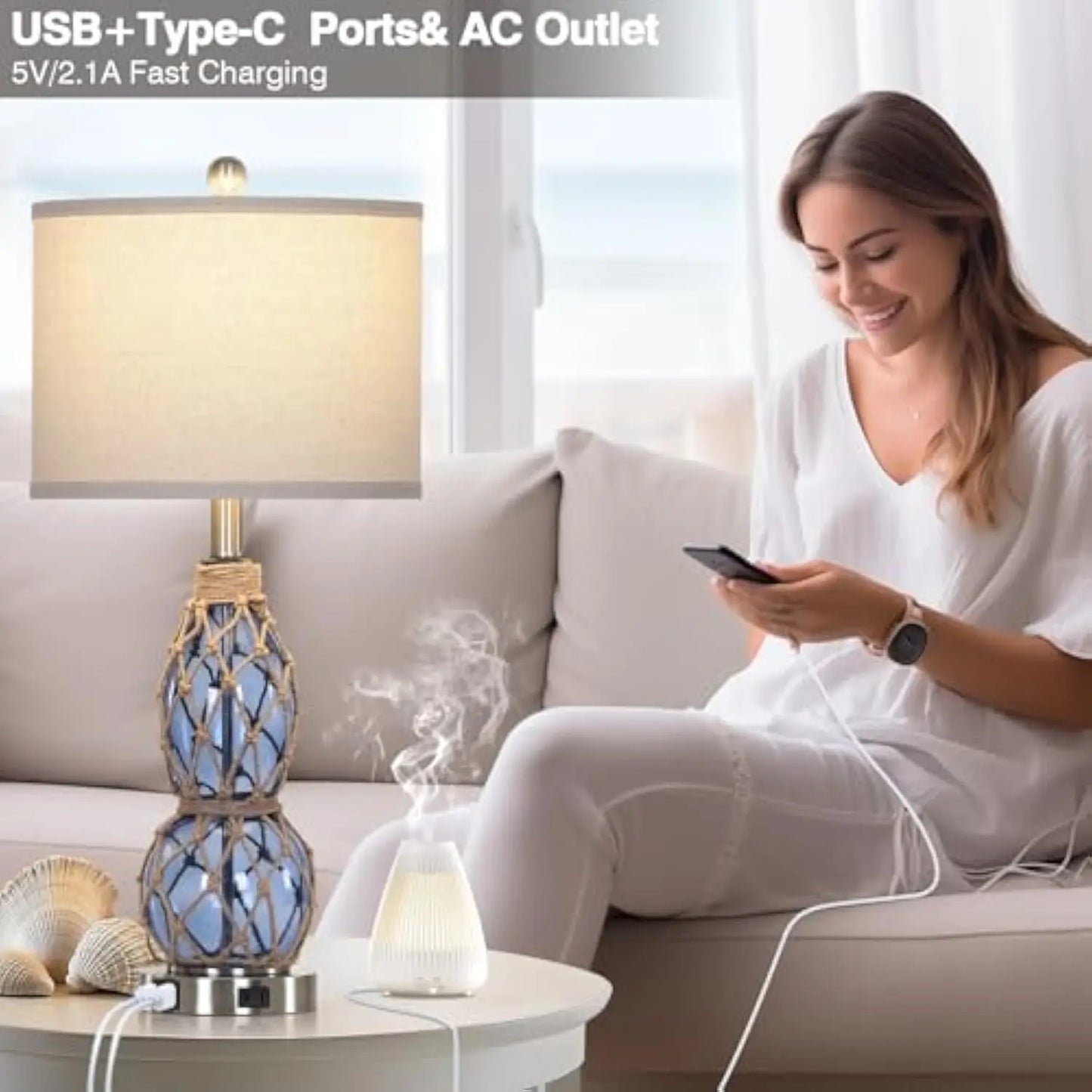 Coastal Glass Table Lamps - Set of 2, Touch Dimmable with USB & AC Outlet
