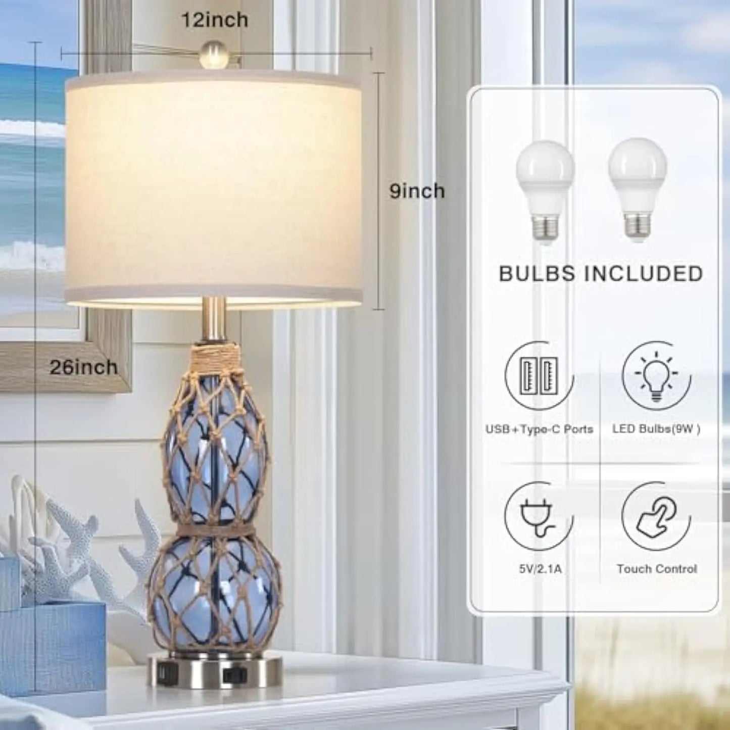 Coastal Glass Table Lamps - Set of 2, Touch Dimmable with USB & AC Outlet