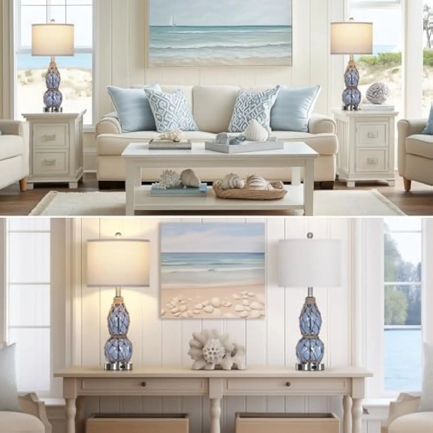 Coastal Glass Table Lamps - Set of 2, Touch Dimmable with USB & AC Outlet