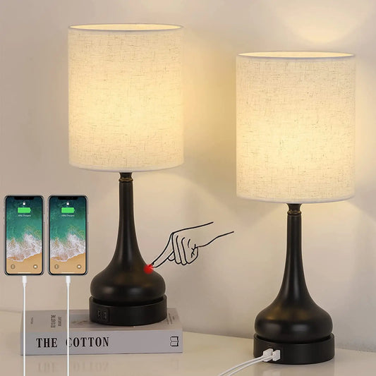 Touch Control Bedside Lamps - Set of 2 with USB Ports
