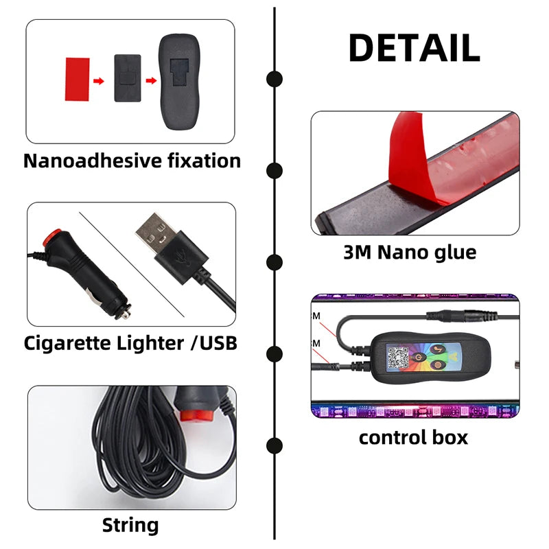 KEVANLY 4-in-1 RGB LED Car Interior Ambient Lights – APP Controlled