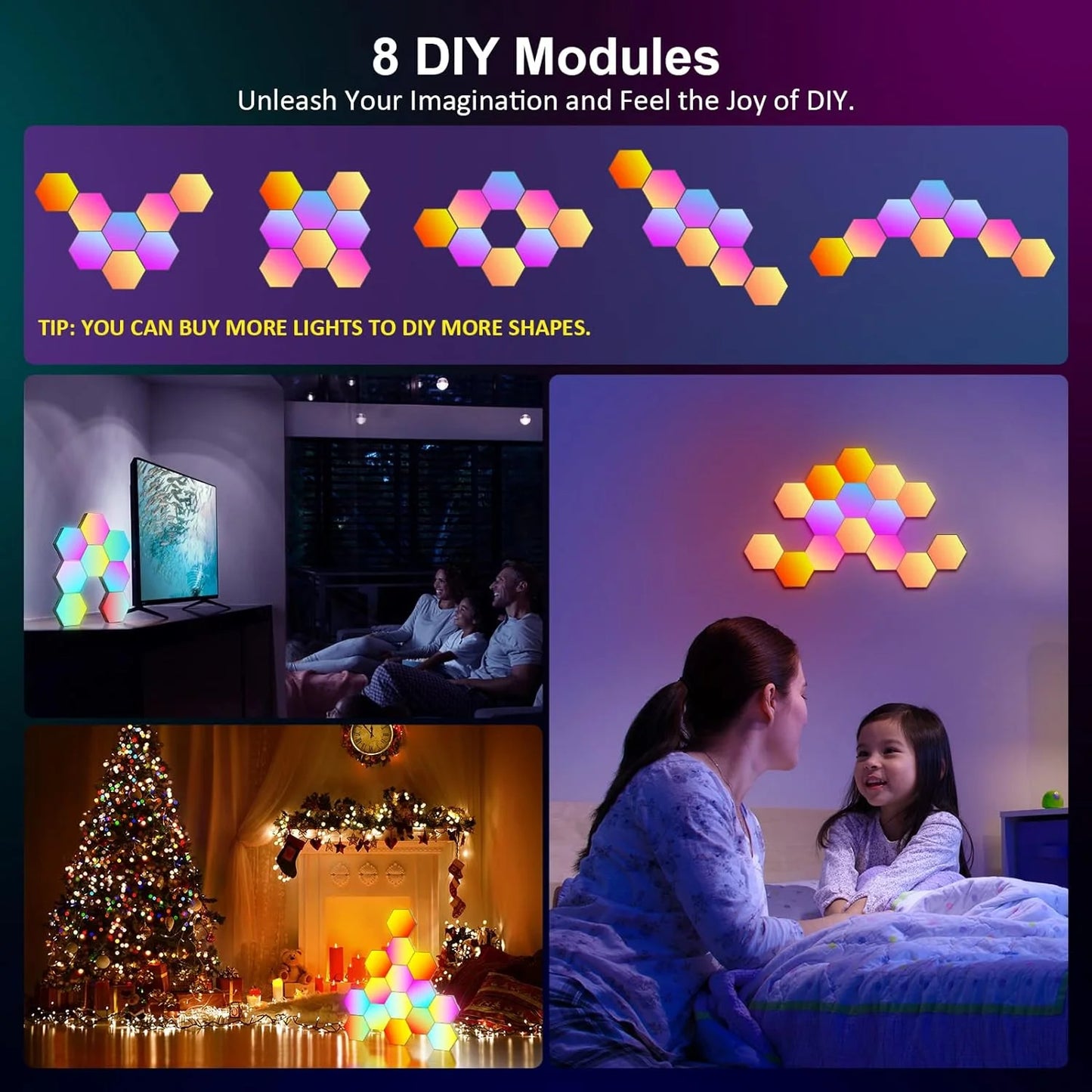 RGB-IC Smart Hex Wall Lamp – DIY Shape, Music Sync, Color-Changing Light