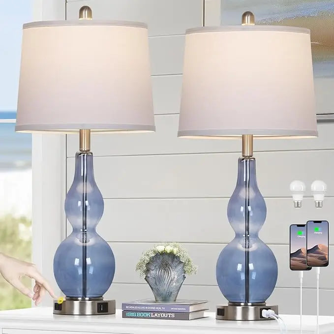 Coastal Glass Table Lamps - Set of 2, Touch Dimmable with USB & AC Outlet
