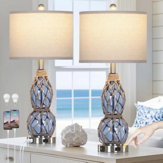 Coastal Glass Table Lamps - Set of 2, Touch Dimmable with USB & AC Outlet