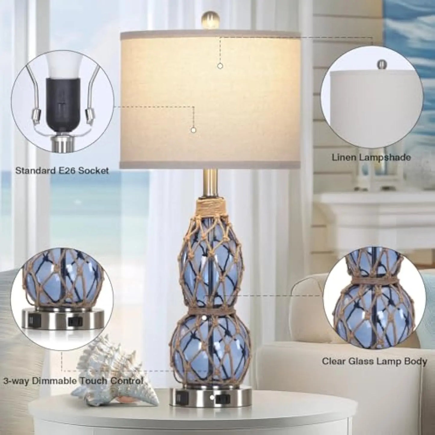 Coastal Glass Table Lamps - Set of 2, Touch Dimmable with USB & AC Outlet