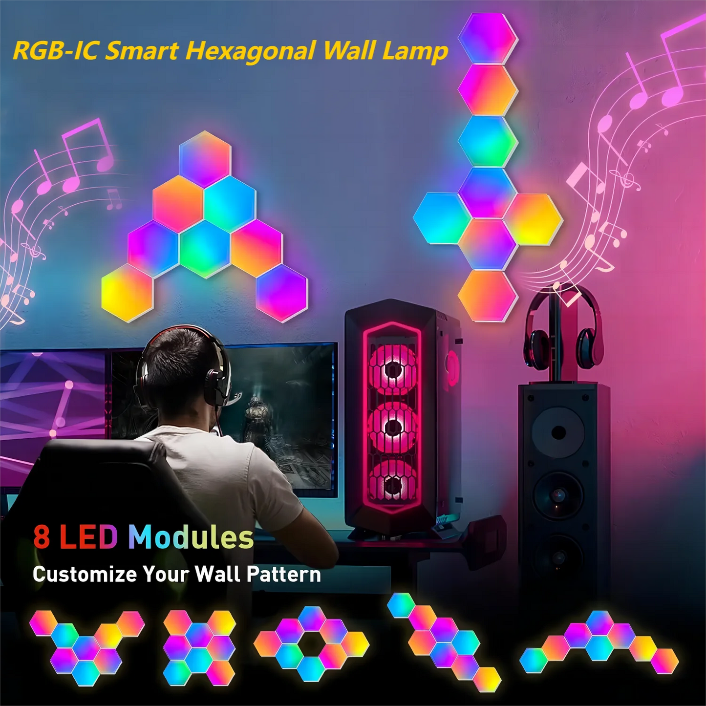 RGB-IC Smart Hex Wall Lamp – DIY Shape, Music Sync, Color-Changing Light