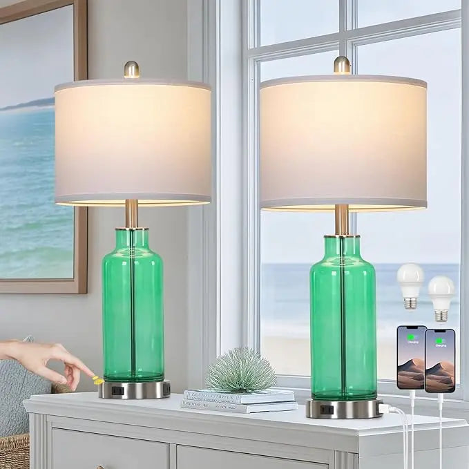 Coastal Glass Table Lamps - Set of 2, Touch Dimmable with USB & AC Outlet