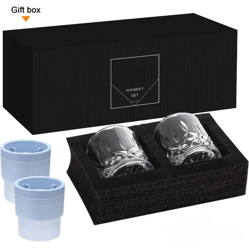 Whiskey Rocks Glass Set of 4 – 2 Crystal Glasses & 2 Ice Ball Molds, 10 oz Gift Box