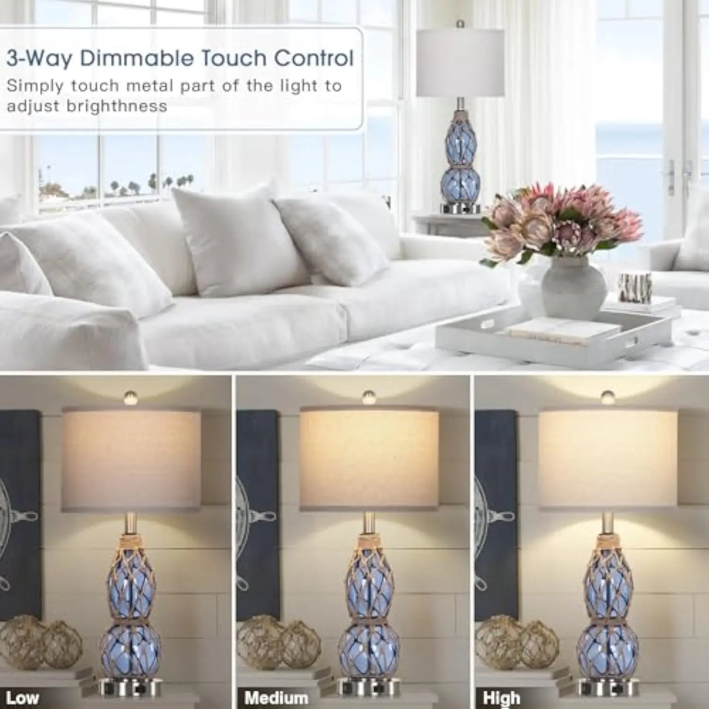 Coastal Glass Table Lamps - Set of 2, Touch Dimmable with USB & AC Outlet
