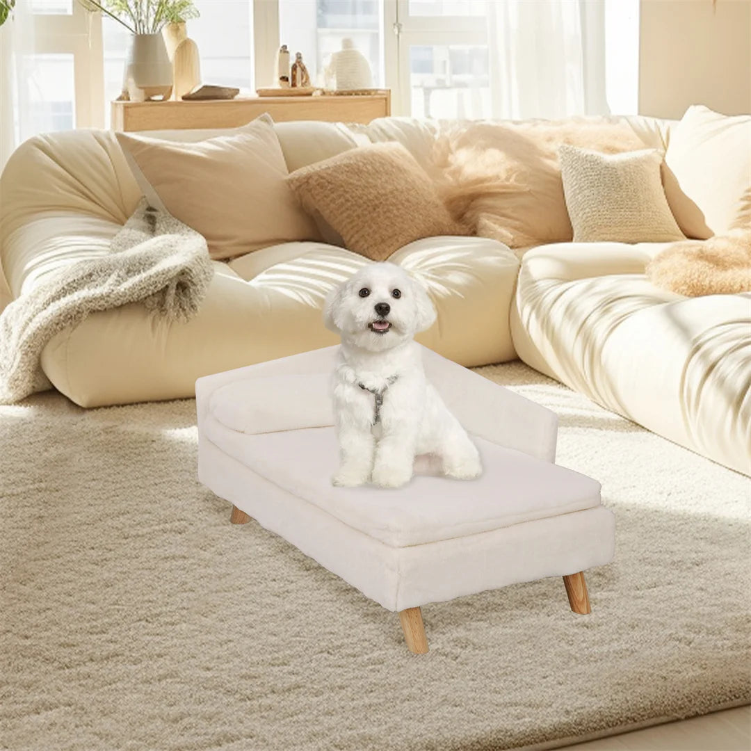 L-Shaped Dog Sofa Bed - Soft Cat Cushion Chaise with Rubber Wooden Legs