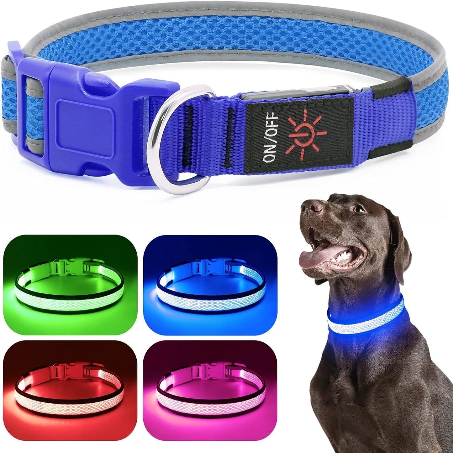 LED Dog Collar Lights, USB Rechargeable, Adjustable Soft Mesh, Neon Green, Red, Blue