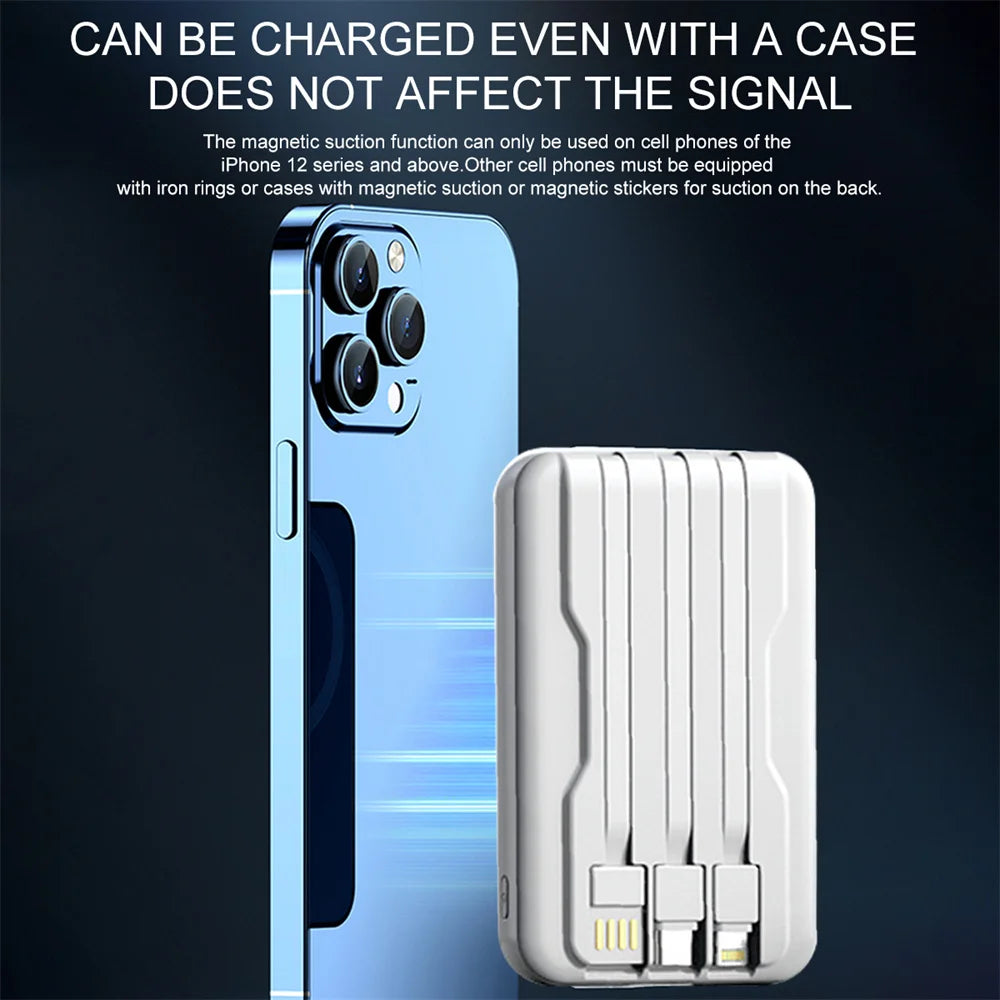 Magnetic Power Bank, 10000mAh Portable Charger, 15W Wireless Fast Charger for Apple & Android, Built-in Cable