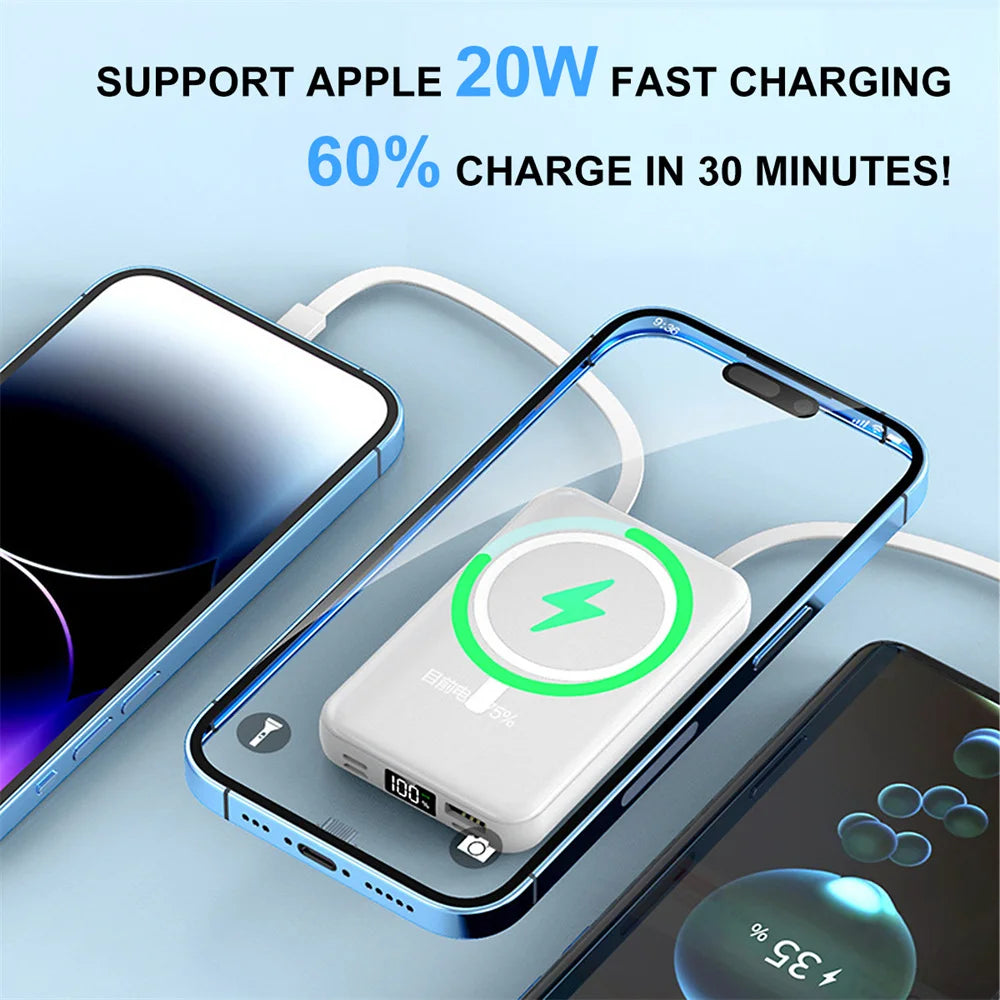 Magnetic Power Bank, 10000mAh Portable Charger, 15W Wireless Fast Charger for Apple & Android, Built-in Cable