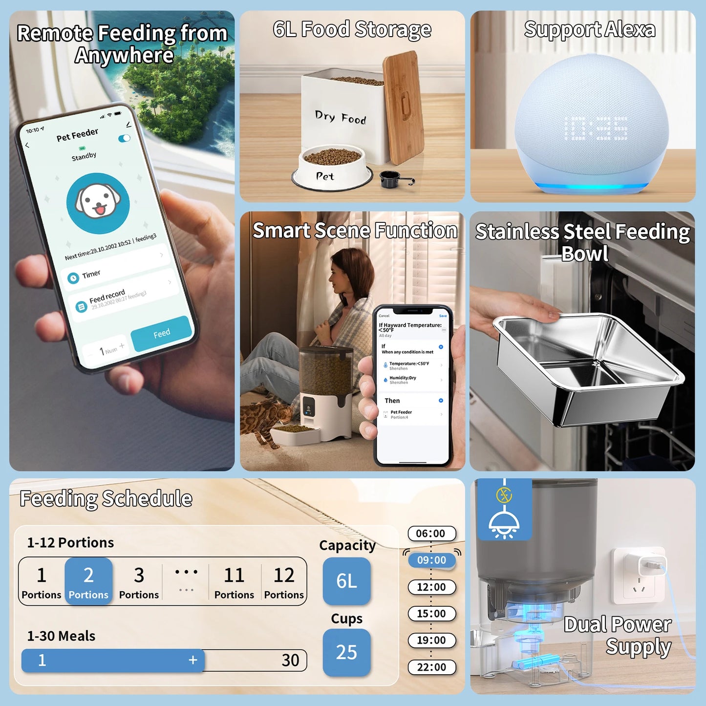 Smart Automatic Pet Feeders WiFi with APP Control for Remote Feeding Detachable for Easy Clean Large 6L capacity