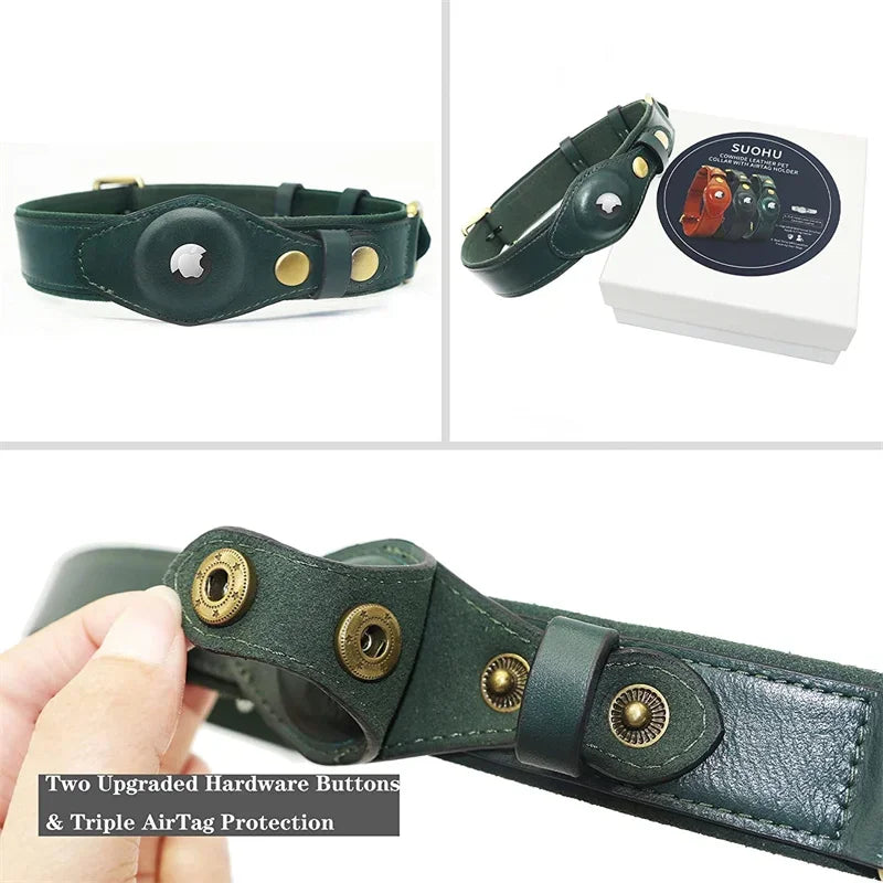 Genuine Leather Waterproof Cat & Dog Collar with AirTag Holder for GPS Tracking