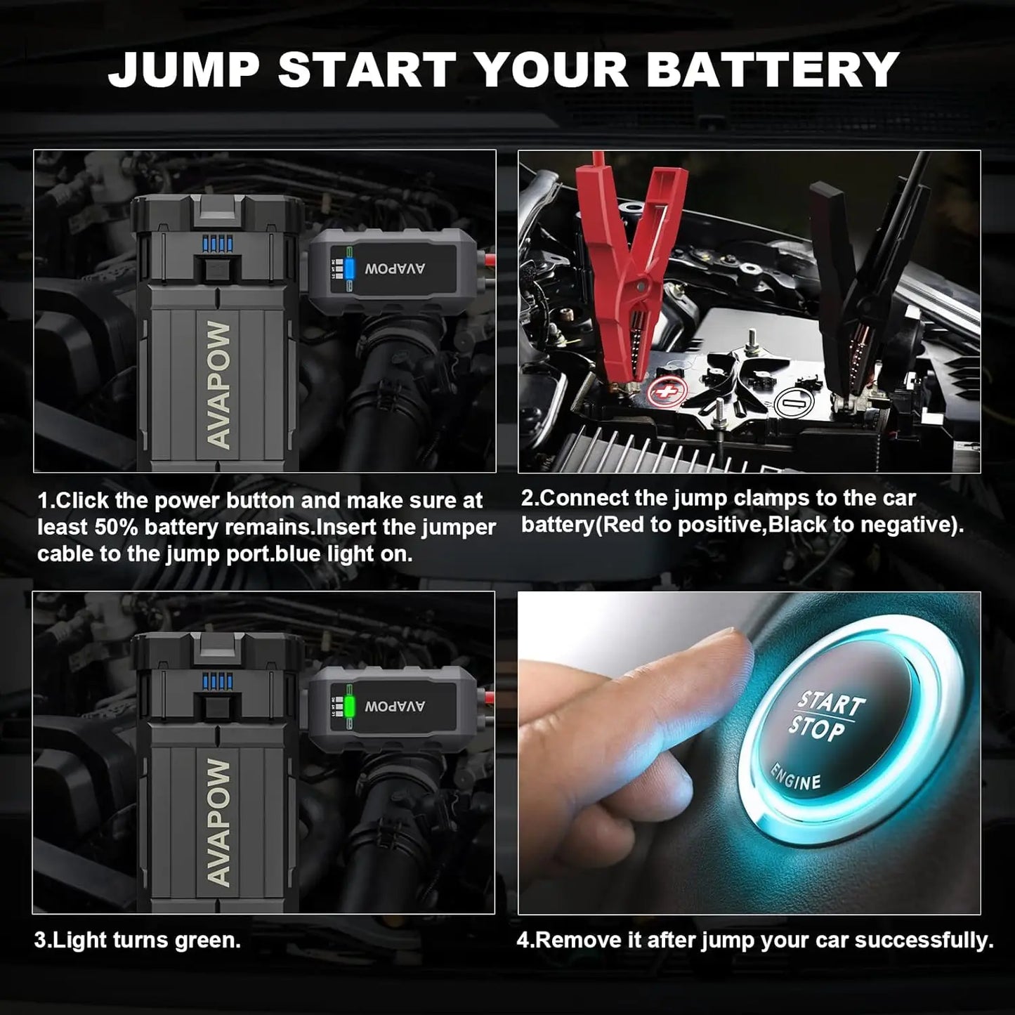 2000A Peak Portable Jump Starter for Cars, Dual USB Quick Charge 3.0 (Up to 8.0L Gas or 6.5L Diesel)