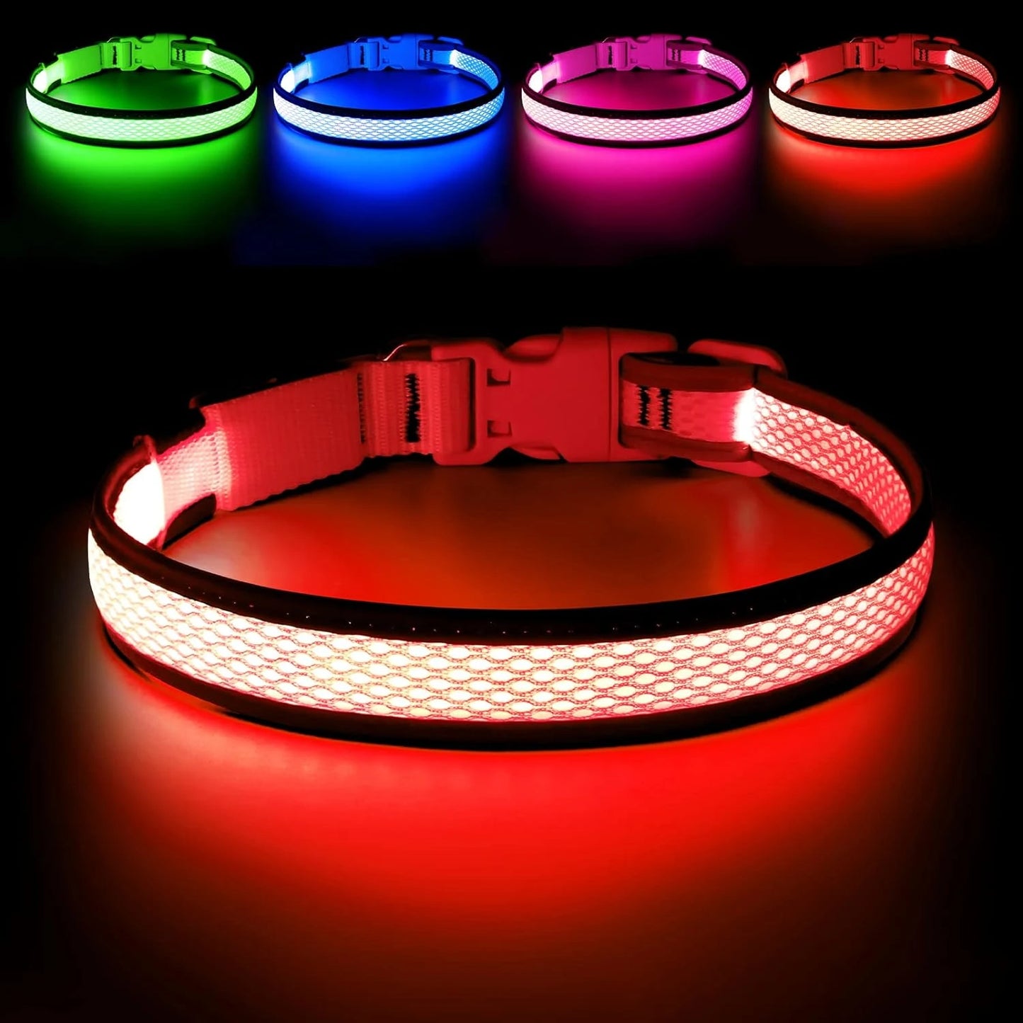 LED Dog Collar Lights, USB Rechargeable, Adjustable Soft Mesh, Neon Green, Red, Blue