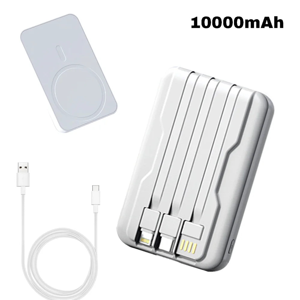 Magnetic Power Bank, 10000mAh Portable Charger, 15W Wireless Fast Charger for Apple & Android, Built-in Cable