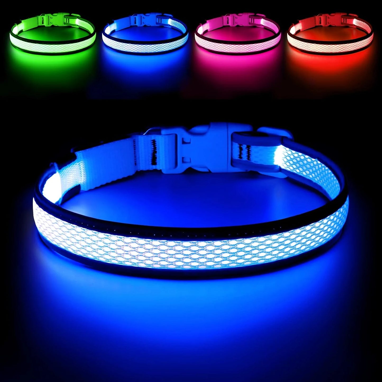 LED Dog Collar Lights, USB Rechargeable, Adjustable Soft Mesh, Neon Green, Red, Blue