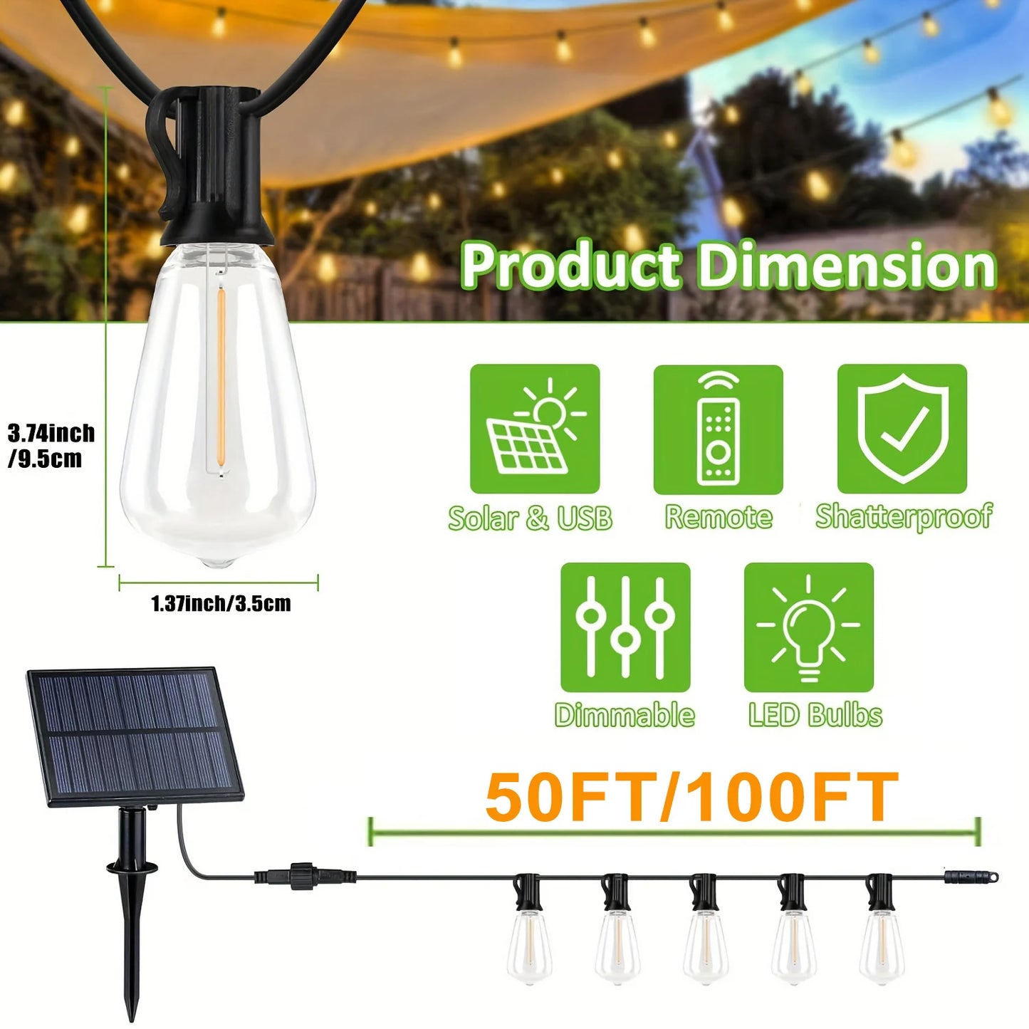 50/100FT Remote Dimmable Solar String Lights, ST38 LED