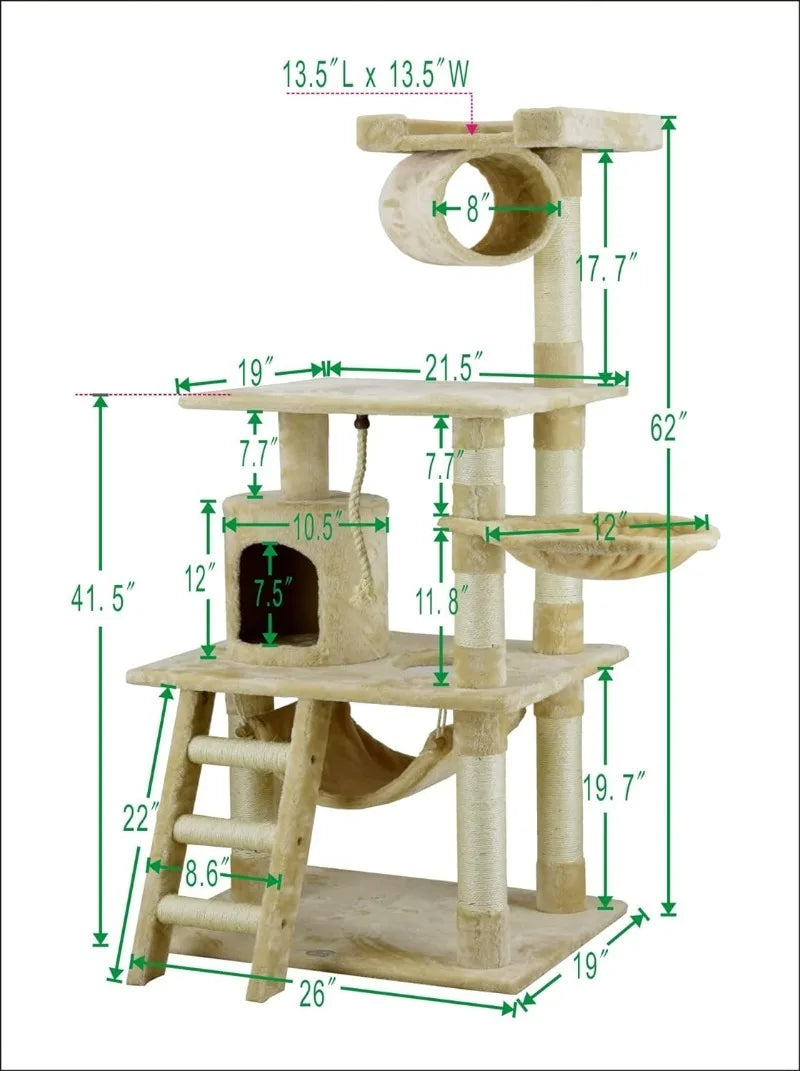 Pet Club Classic Cat Tree - 62" Faux Fur Finish, Sisal Rope Scratcher