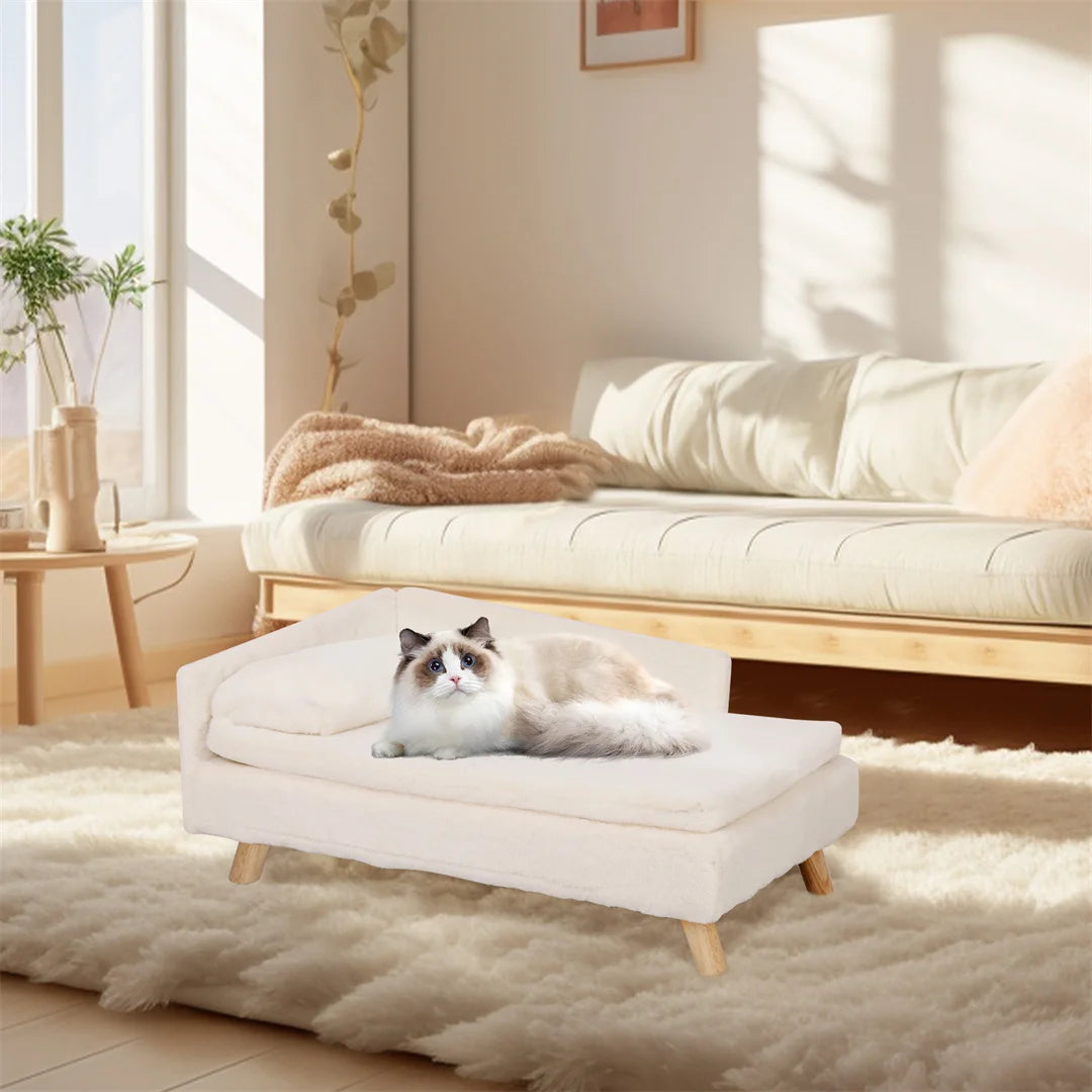 L-Shaped Dog Sofa Bed - Soft Cat Cushion Chaise with Rubber Wooden Legs