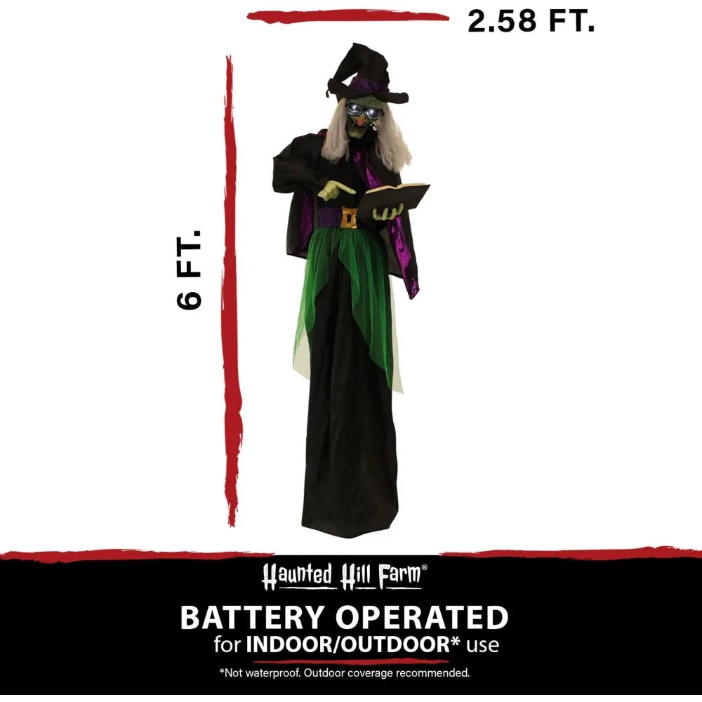 Talking Animatronic Witch with Spell Book, Touch-Activated Lights & Sound, Battery Operated