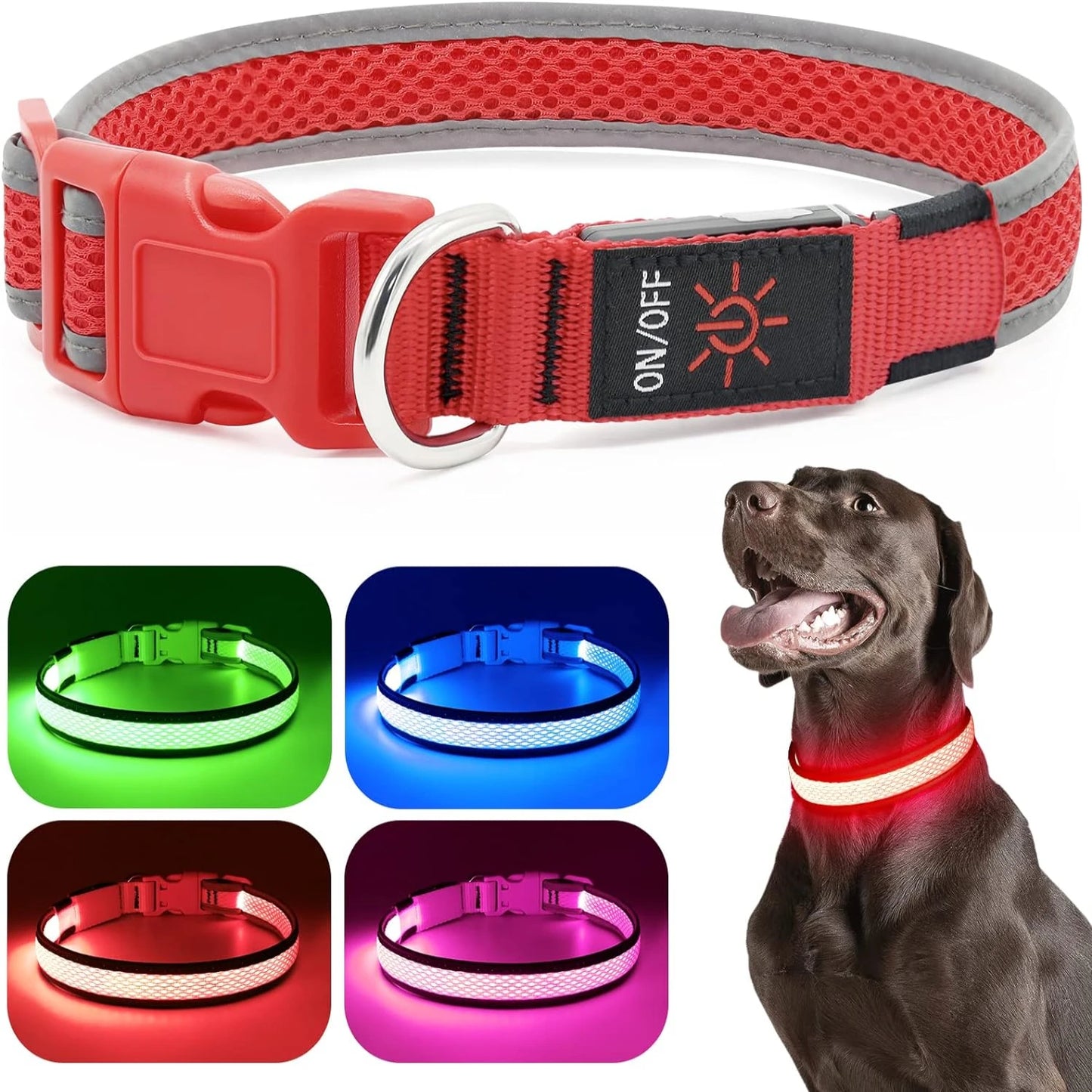 LED Dog Collar Lights, USB Rechargeable, Adjustable Soft Mesh, Neon Green, Red, Blue