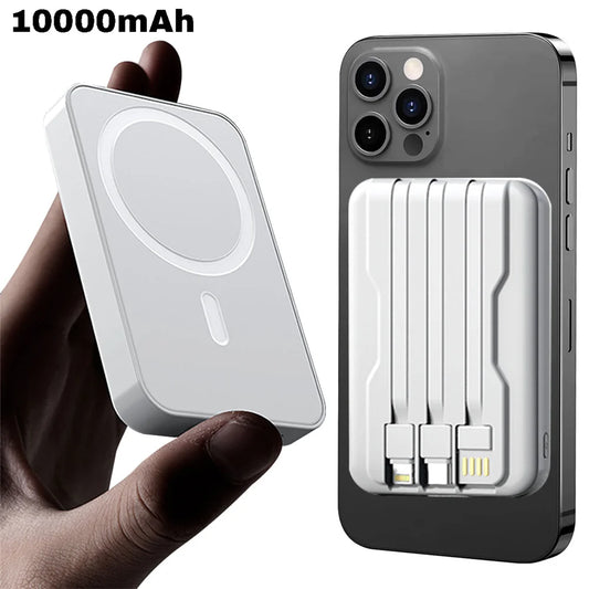 Magnetic Power Bank, 10000mAh Portable Charger, 15W Wireless Fast Charger for Apple & Android, Built-in Cable