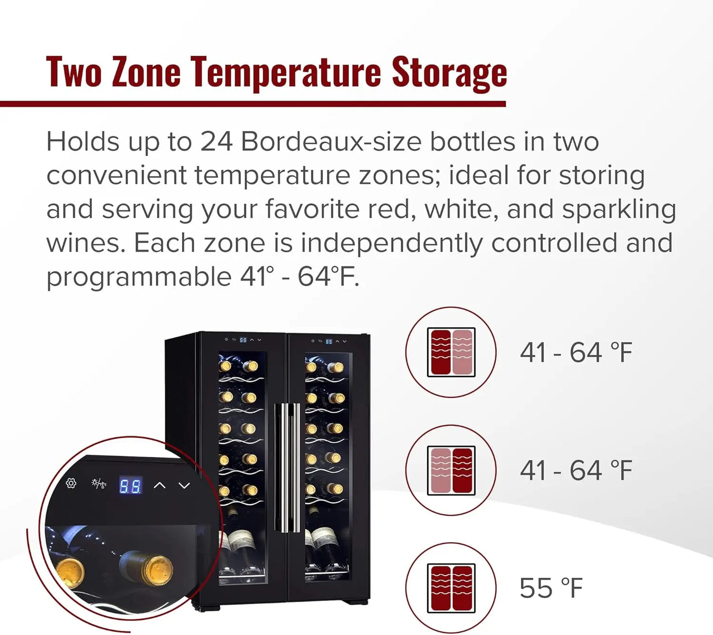 24-Bottle Dual-Zone Compressor Wine Cooler - Freestanding French Door Refrigerator