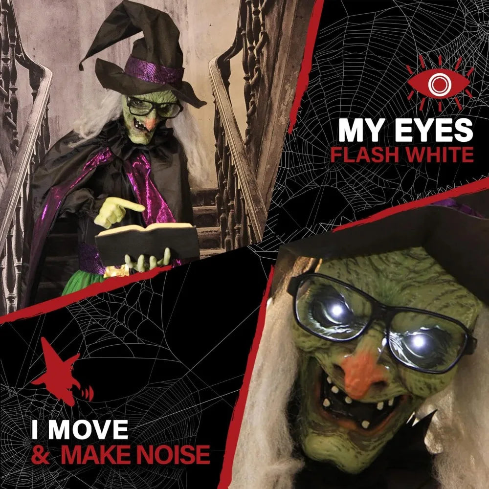 Talking Animatronic Witch with Spell Book, Touch-Activated Lights & Sound, Battery Operated