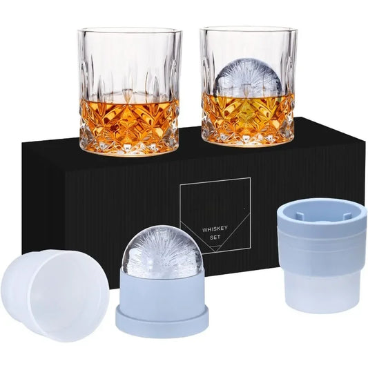 Whiskey Rocks Glass Set of 4 – 2 Crystal Glasses & 2 Ice Ball Molds, 10 oz Gift Box