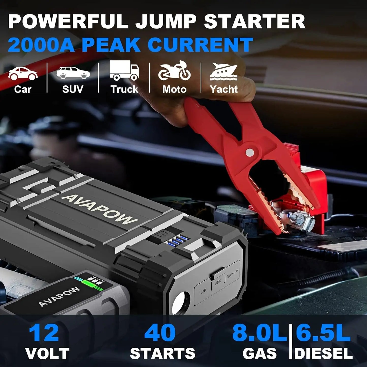 2000A Peak Portable Jump Starter for Cars, Dual USB Quick Charge 3.0 (Up to 8.0L Gas or 6.5L Diesel)