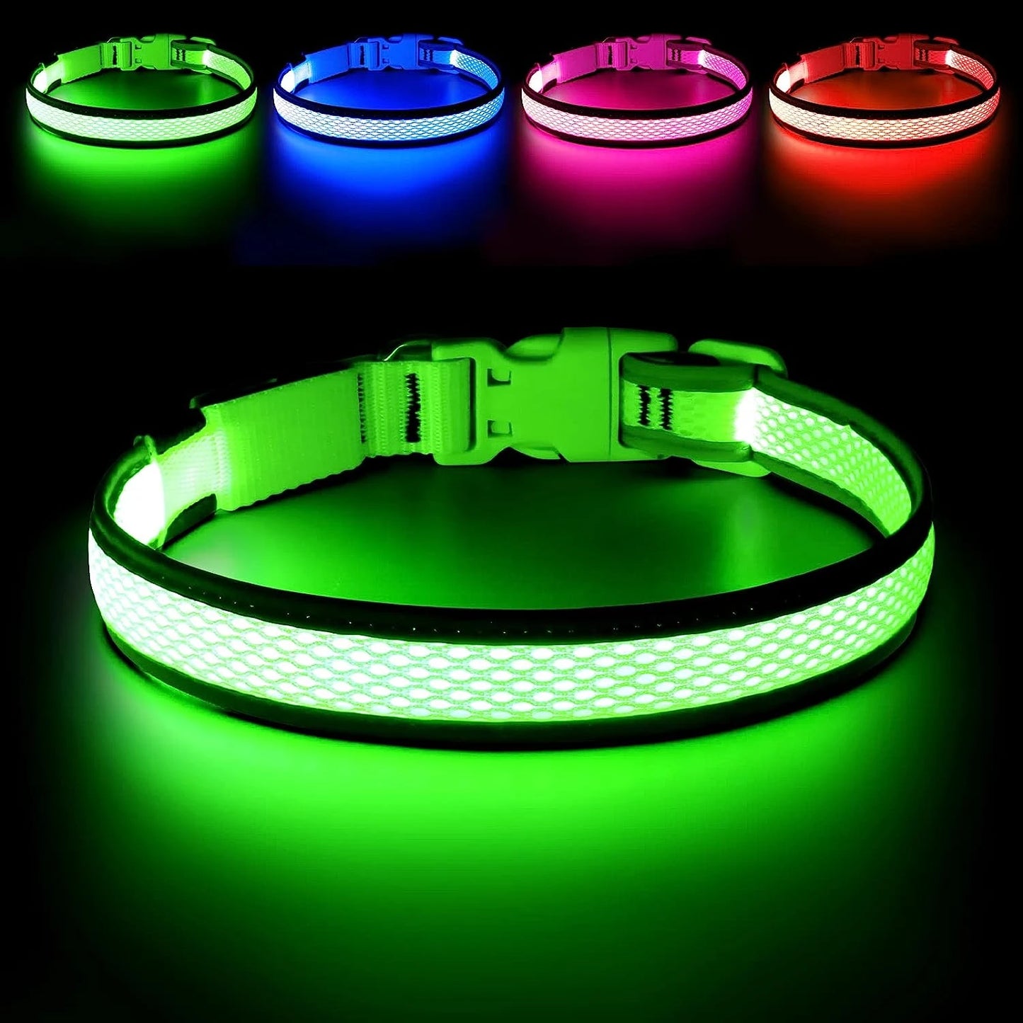 LED Dog Collar Lights, USB Rechargeable, Adjustable Soft Mesh, Neon Green, Red, Blue