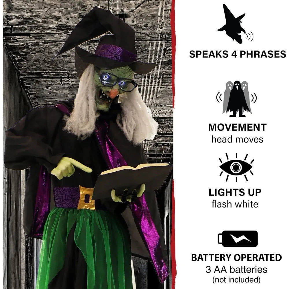 Talking Animatronic Witch with Spell Book, Touch-Activated Lights & Sound, Battery Operated