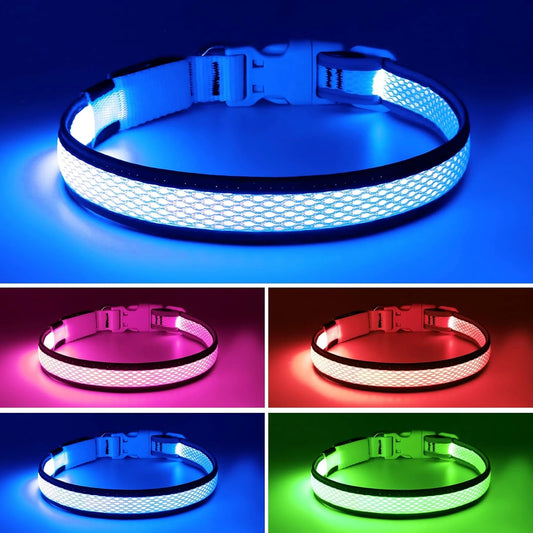 LED Dog Collar Lights, USB Rechargeable, Adjustable Soft Mesh, Neon Green, Red, Blue