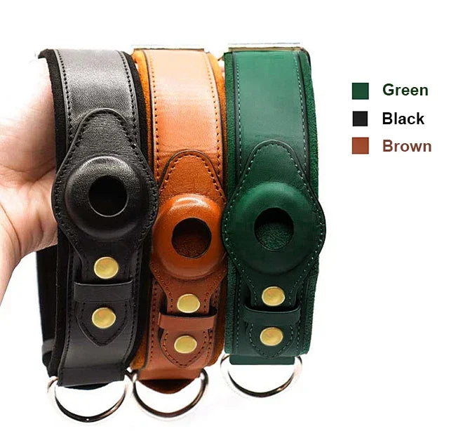 Genuine Leather Waterproof Cat & Dog Collar with AirTag Holder for GPS Tracking