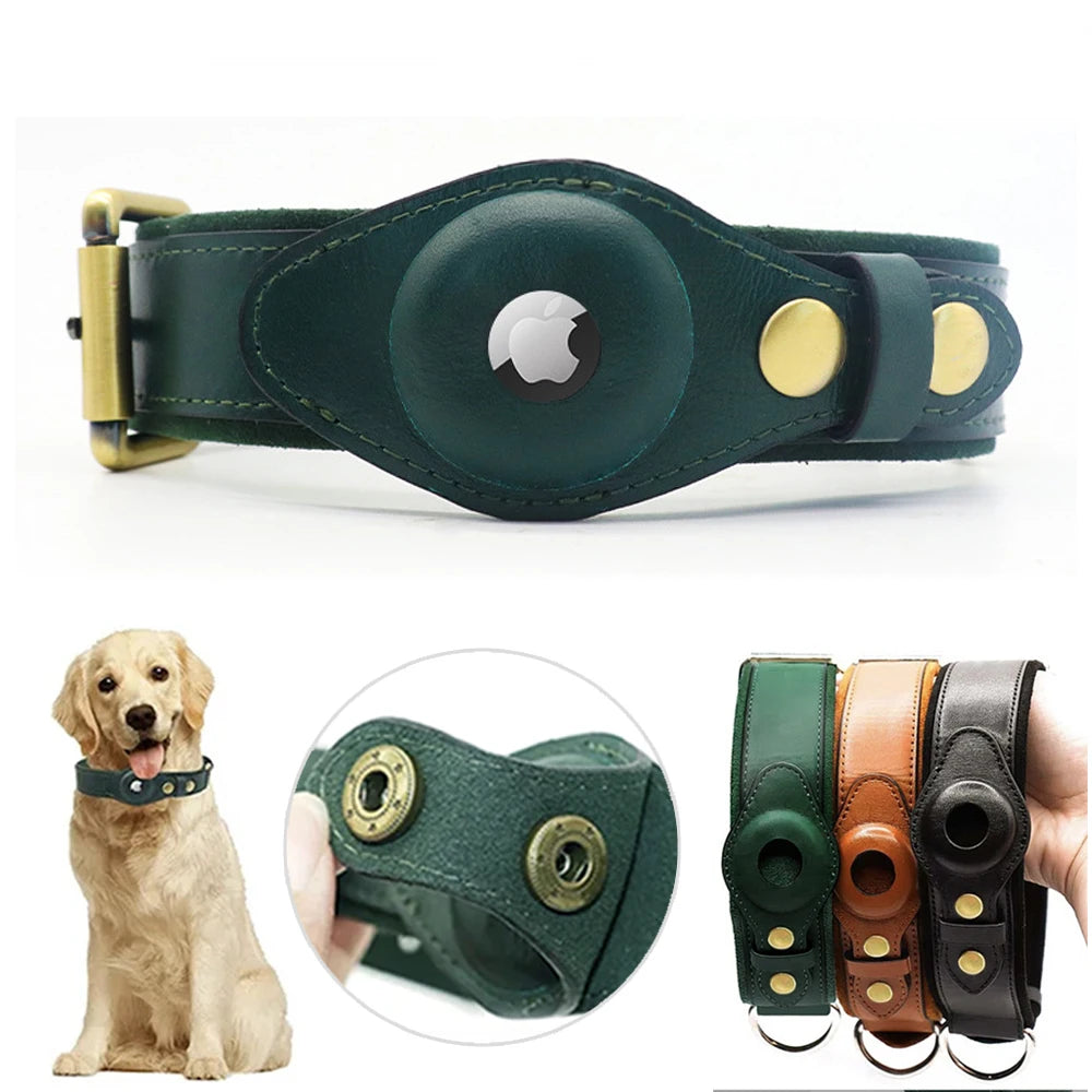 Genuine Leather Waterproof Cat & Dog Collar with AirTag Holder for GPS Tracking