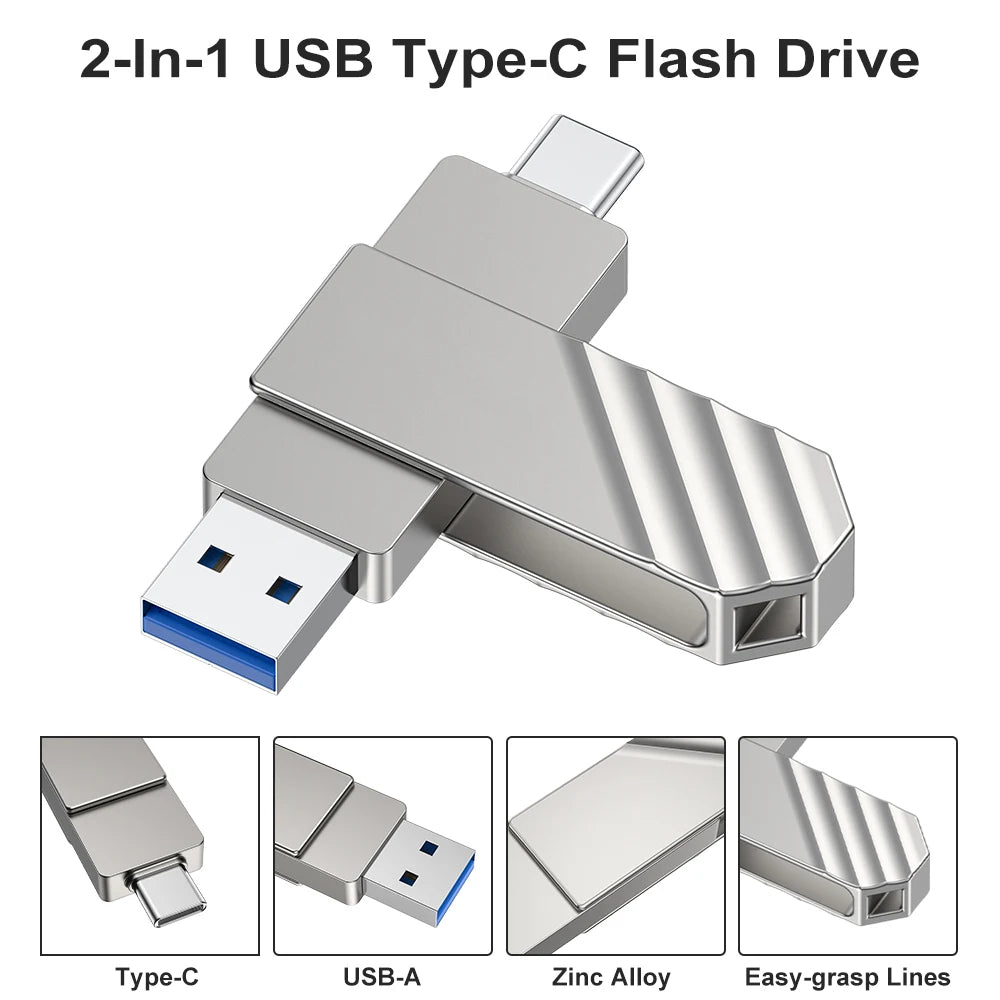 U600 256GB USB 3.2 Metal Type-C Flash Drive, up to 450MB/s, Dual USB C, Swivel Pen Drive