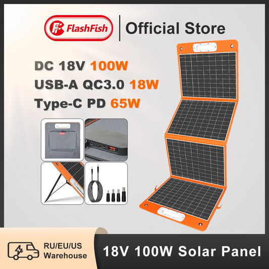 **FF Flashfish 18V 100W Foldable Solar Panel | Portable Charger for Phones & Camping**