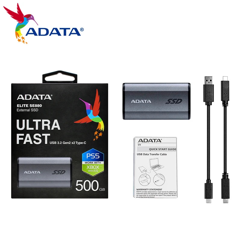 ADATA SE880 2000MB/s USB 3.2 Type C Portable SSD, Mini External Hard Drive